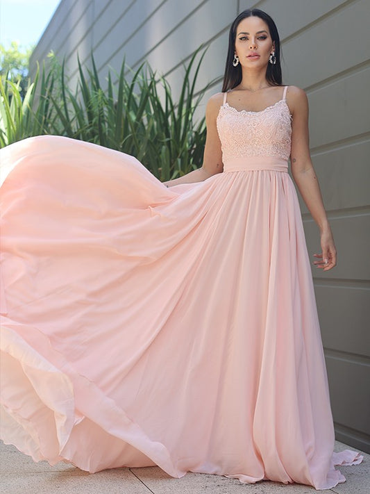 A-Line/Princess Chiffon Lace Spaghetti Straps Sleeveless Sweep/Brush Train Bridesmaid Dresses Evening Prom Dress