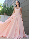 A-Line/Princess Chiffon Lace Spaghetti Straps Sleeveless Sweep/Brush Train Bridesmaid Dresses Evening Prom Dress