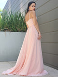 A-Line/Princess Chiffon Lace Spaghetti Straps Sleeveless Sweep/Brush Train Bridesmaid Dresses Evening Prom Dress