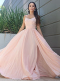 A-Line/Princess Chiffon Lace Spaghetti Straps Sleeveless Sweep/Brush Train Bridesmaid Dresses Evening Prom Dress