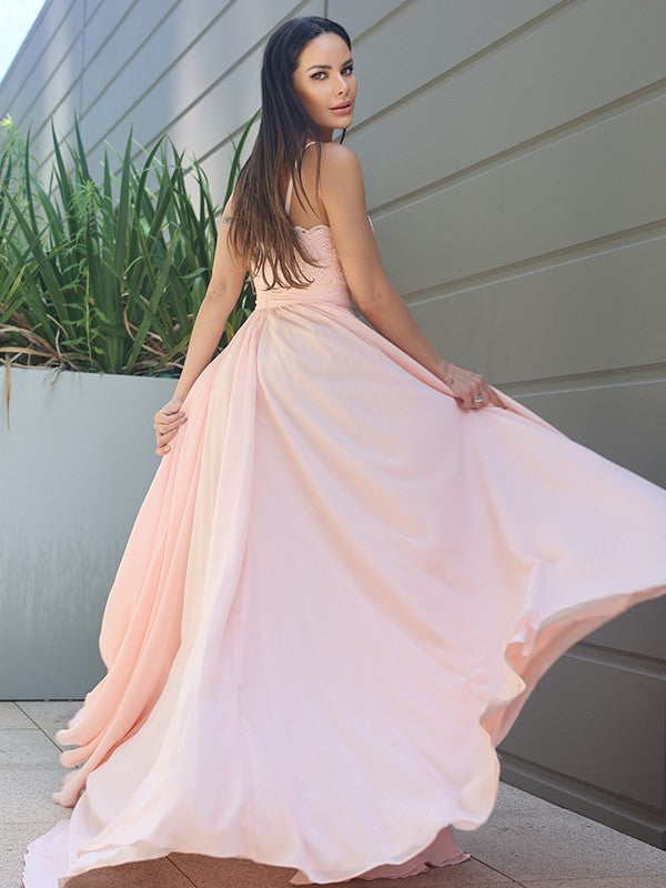A-Line/Princess Chiffon Lace Spaghetti Straps Sleeveless Sweep/Brush Train Bridesmaid Dresses Evening Prom Dress