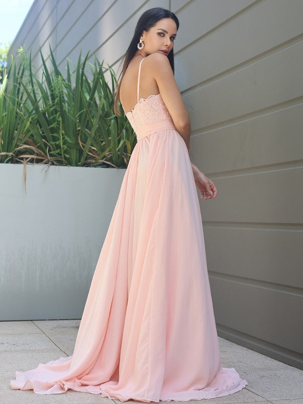 A-Line/Princess Chiffon Lace Spaghetti Straps Sleeveless Sweep/Brush Train Bridesmaid Dresses Evening Prom Dress