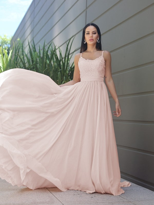 A-Line/Princess Chiffon Lace Spaghetti Straps Sleeveless Sweep/Brush Train Bridesmaid Dresses Evening Prom Dress