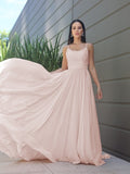 A-Line/Princess Chiffon Lace Spaghetti Straps Sleeveless Sweep/Brush Train Bridesmaid Dresses Evening Prom Dress