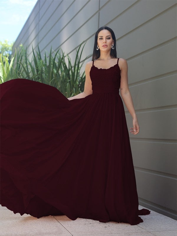 A-Line/Princess Chiffon Lace Spaghetti Straps Sleeveless Sweep/Brush Train Bridesmaid Dresses Evening Prom Dress