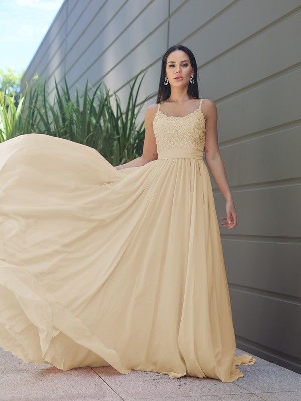 A-Line/Princess Chiffon Lace Spaghetti Straps Sleeveless Sweep/Brush Train Bridesmaid Dresses Evening Prom Dress