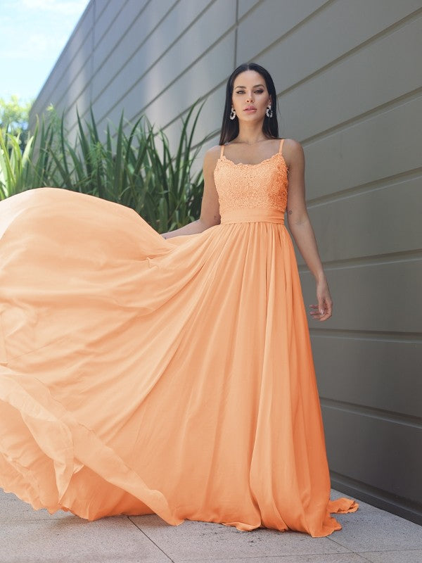 A-Line/Princess Chiffon Lace Spaghetti Straps Sleeveless Sweep/Brush Train Bridesmaid Dresses Evening Prom Dress