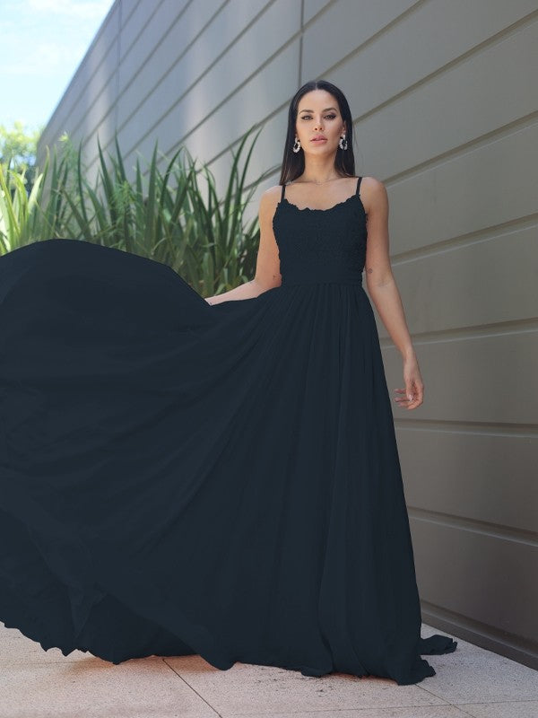 A-Line/Princess Chiffon Lace Spaghetti Straps Sleeveless Sweep/Brush Train Bridesmaid Dresses Evening Prom Dress