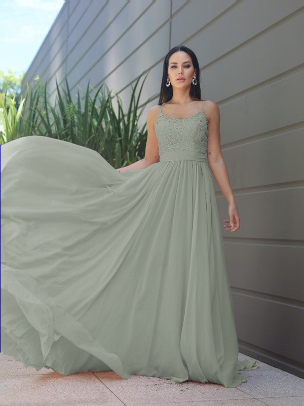 A-Line/Princess Chiffon Lace Spaghetti Straps Sleeveless Sweep/Brush Train Bridesmaid Dresses Evening Prom Dress