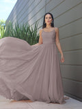 A-Line/Princess Chiffon Lace Spaghetti Straps Sleeveless Sweep/Brush Train Bridesmaid Dresses Evening Prom Dress