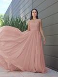 A-Line/Princess Chiffon Lace Spaghetti Straps Sleeveless Sweep/Brush Train Bridesmaid Dresses Evening Prom Dress