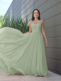 A-Line/Princess Chiffon Lace Spaghetti Straps Sleeveless Sweep/Brush Train Bridesmaid Dresses Evening Prom Dress