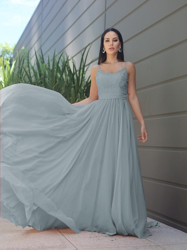 A-Line/Princess Chiffon Lace Spaghetti Straps Sleeveless Sweep/Brush Train Bridesmaid Dresses Evening Prom Dress