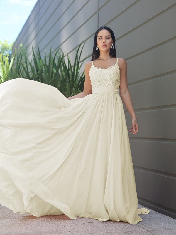 A-Line/Princess Chiffon Lace Spaghetti Straps Sleeveless Sweep/Brush Train Bridesmaid Dresses Evening Prom Dress