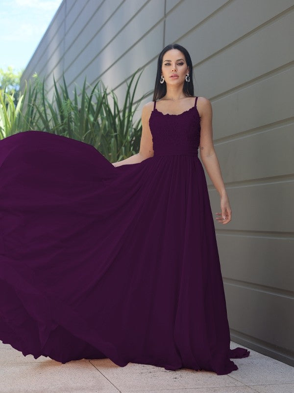 A-Line/Princess Chiffon Lace Spaghetti Straps Sleeveless Sweep/Brush Train Bridesmaid Dresses Evening Prom Dress