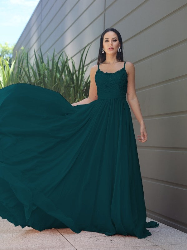 A-Line/Princess Chiffon Lace Spaghetti Straps Sleeveless Sweep/Brush Train Bridesmaid Dresses Evening Prom Dress