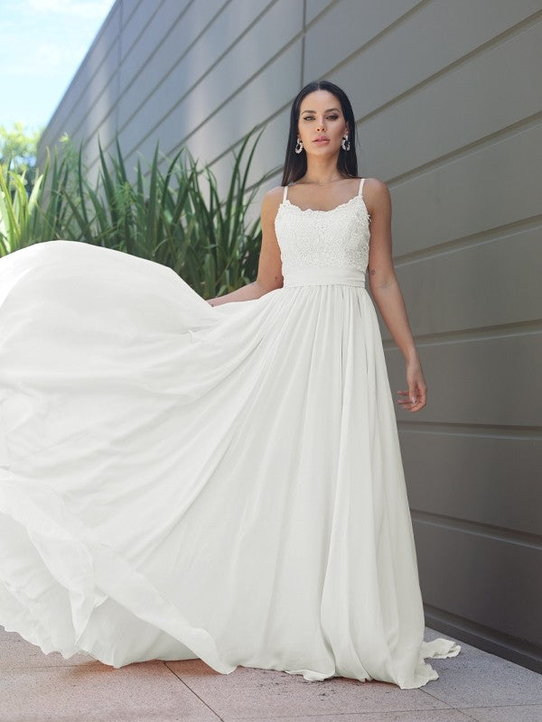 A-Line/Princess Chiffon Lace Spaghetti Straps Sleeveless Sweep/Brush Train Bridesmaid Dresses Evening Prom Dress