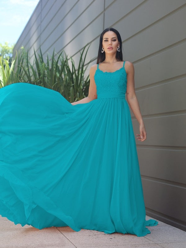 A-Line/Princess Chiffon Lace Spaghetti Straps Sleeveless Sweep/Brush Train Bridesmaid Dresses Evening Prom Dress