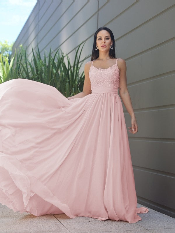 A-Line/Princess Chiffon Lace Spaghetti Straps Sleeveless Sweep/Brush Train Bridesmaid Dresses Evening Prom Dress