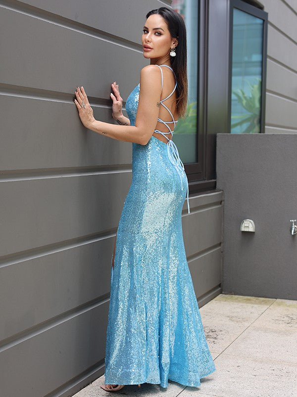 Etui-Linie/Spalte Pailletten Rüschen V-Ausschnitt Ärmellos Bodenlang Kleider Ballkleid Abendkleid