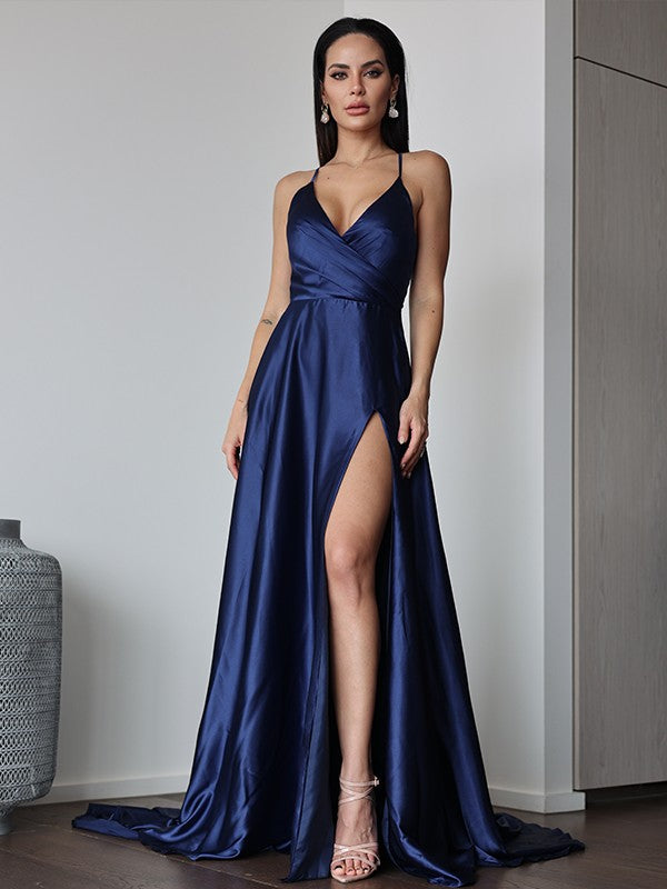 A-Line/Princess Silk Like Satin Ruched V-neck Sleeveless Sweep/Brush Train Dresses Prom Evening Dress