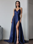 A-Line/Princess Silk Like Satin Ruched V-neck Sleeveless Sweep/Brush Train Dresses Prom Evening Dress