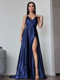 A-Line/Princess Silk Like Satin Ruched V-neck Sleeveless Sweep/Brush Train Dresses Prom Evening Dress