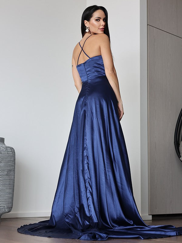 A-Line/Princess Silk Like Satin Ruched V-neck Sleeveless Sweep/Brush Train Dresses Prom Evening Dress