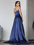 A-Line/Princess Silk Like Satin Ruched V-neck Sleeveless Sweep/Brush Train Dresses Prom Evening Dress