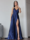A-Line/Princess Silk Like Satin Ruched V-neck Sleeveless Sweep/Brush Train Dresses Prom Evening Dress