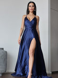 A-Line/Princess Silk Like Satin Ruched V-neck Sleeveless Sweep/Brush Train Dresses Prom Evening Dress