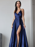 A-Line/Princess Silk Like Satin Ruched V-neck Sleeveless Sweep/Brush Train Dresses Prom Evening Dress