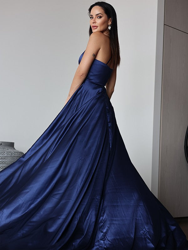 A-Line/Princess Silk Like Satin Ruched V-neck Sleeveless Sweep/Brush Train Dresses Prom Evening Dress