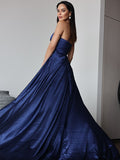 A-Line/Princess Silk Like Satin Ruched V-neck Sleeveless Sweep/Brush Train Dresses Prom Evening Dress