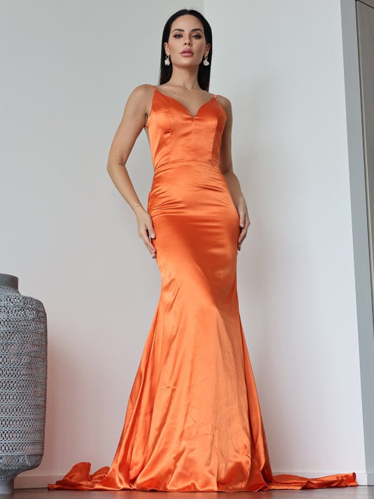 Vestido de noche de fiesta con corte tubo/columna, satén, fruncido, escote en V, sin mangas, con cola larga