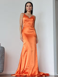 Sheath/Column Satin Ruched V-neck Sleeveless Sweep/Brush Train Dresses Prom Evening Dress