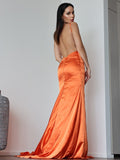 Sheath/Column Satin Ruched V-neck Sleeveless Sweep/Brush Train Dresses Prom Evening Dress