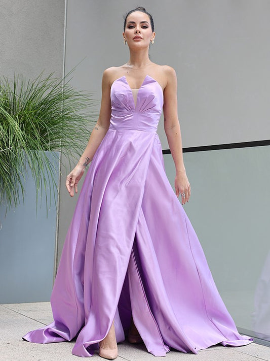 Vestido de noche de graduación de corte A/princesa, de satén, con volantes, escote corazón, sin mangas y cola larga