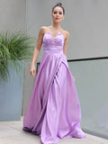 A-Line/Princess Satin Ruffles Sweetheart Sleeveless Sweep/Brush Train Dresses Prom Evening Dress