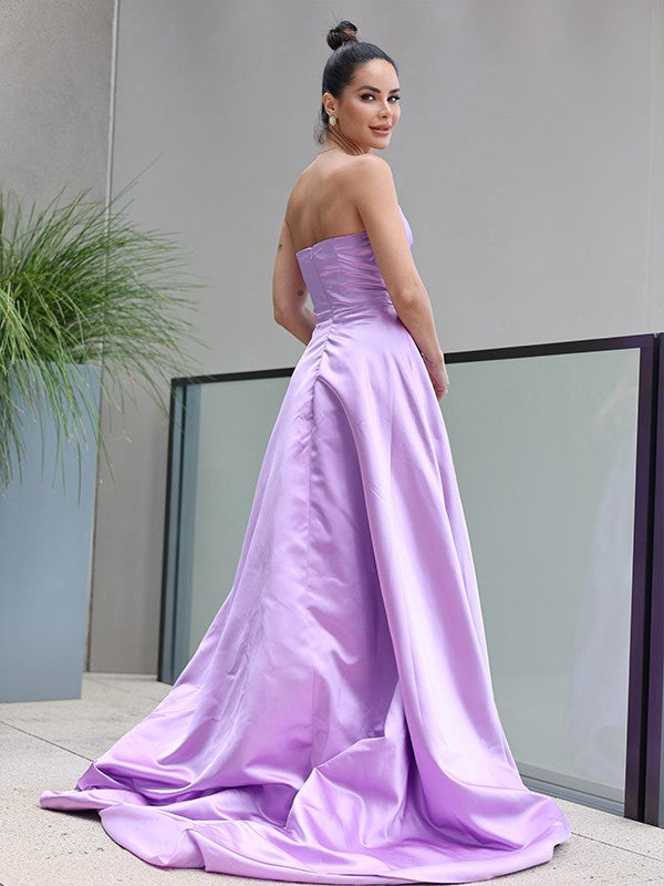A-Line/Princess Satin Ruffles Sweetheart Sleeveless Sweep/Brush Train Dresses Prom Evening Dress