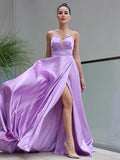 A-Line/Princess Satin Ruffles Sweetheart Sleeveless Sweep/Brush Train Dresses Prom Evening Dress