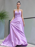 A-Line/Princess Satin Ruffles Sweetheart Sleeveless Sweep/Brush Train Dresses Prom Evening Dress