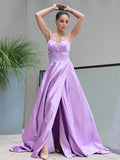 A-Line/Princess Satin Ruffles Sweetheart Sleeveless Sweep/Brush Train Dresses Prom Evening Dress