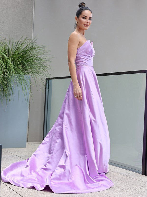 A-Line/Princess Satin Ruffles Sweetheart Sleeveless Sweep/Brush Train Dresses Prom Evening Dress