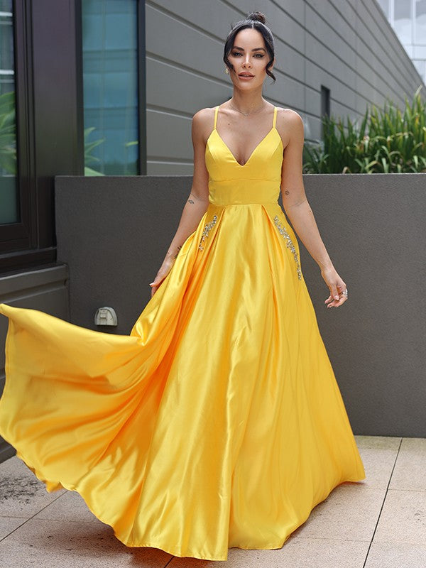 A-Line/Princess Satin Ruffles V-neck Sleeveless Sweep/Brush Train Dresses Prom Evening Dress