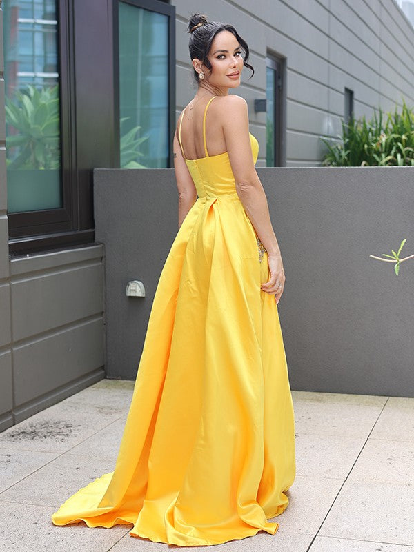 A-Line/Princess Satin Ruffles V-neck Sleeveless Sweep/Brush Train Dresses Prom Evening Dress
