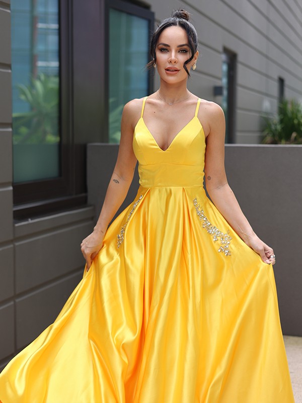 A-Line/Princess Satin Ruffles V-neck Sleeveless Sweep/Brush Train Dresses Prom Evening Dress