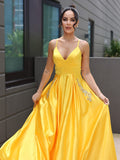 A-Line/Princess Satin Ruffles V-neck Sleeveless Sweep/Brush Train Dresses Prom Evening Dress