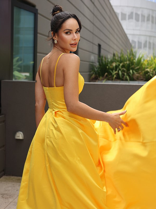 A-Line/Princess Satin Ruffles V-neck Sleeveless Sweep/Brush Train Dresses Prom Evening Dress