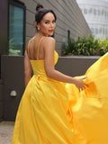 A-Line/Princess Satin Ruffles V-neck Sleeveless Sweep/Brush Train Dresses Prom Evening Dress